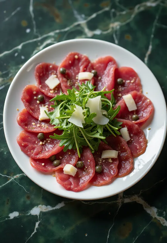 Jelenie carpaccio zdobené rukolou a parmezánom