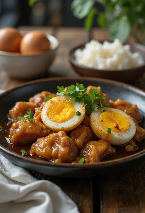 Adobo podávané s vajcom, kura a vajce spojené ako lahodné jedlo.