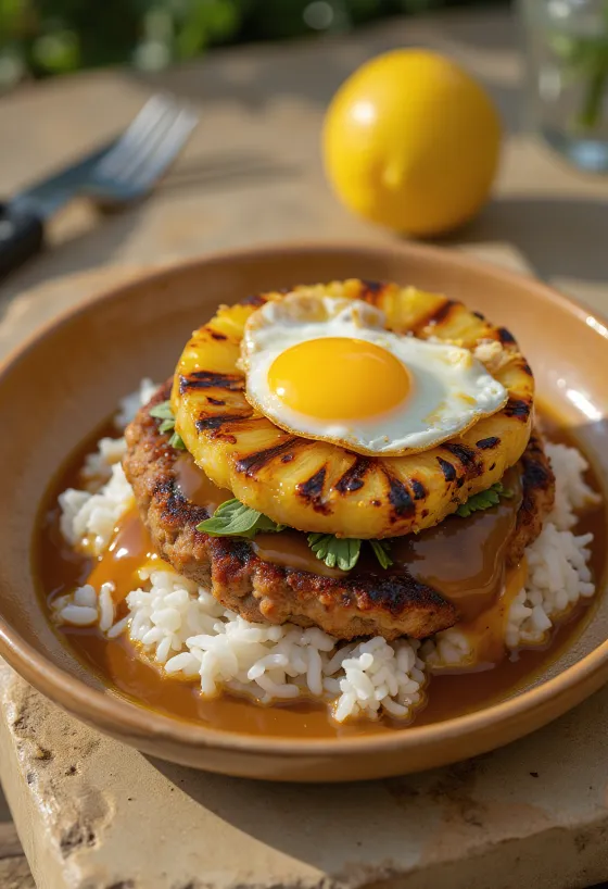 Loco Moco s pečeným ananásom, podávané s ryžou, fašírkou, vajcom a plátkami pečeného ananásu
