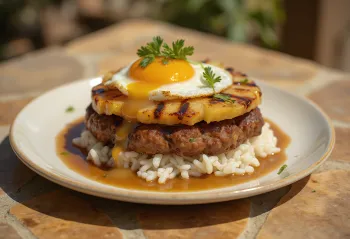 Loco Moco s pečeným ananásom, podávané s ryžou, fašírkou, vajcom a plátkami pečeného ananásu