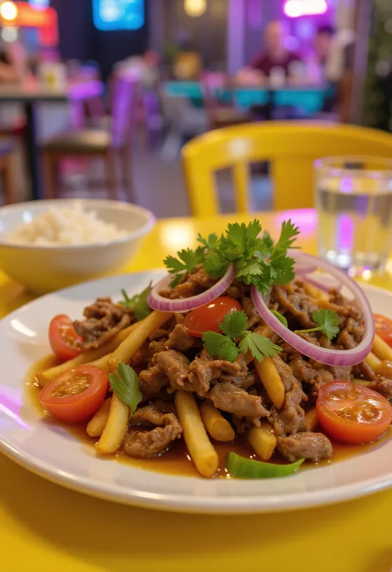 Panvica s hovädzím mäsom lomo saltado, hranolkami a zeleninou