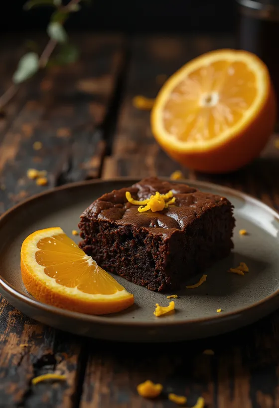 Tmavé pomarančové brownie na servírovacej tácke
