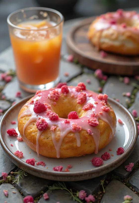 Čerstvo upečený bagel s ružovou vodou a malinami