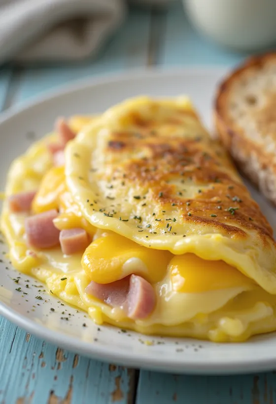 Plnená omeleta s čerstvou zeleninou a roztopeným syrom vo vnútri