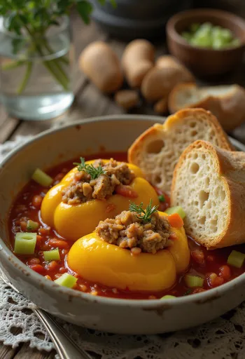 Plnená paprika v paradajkovej omáčke, plnená ryžou a mletým mäsom
