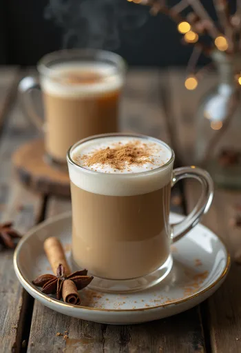 Chai tea latte v hrnčeku, ozdobené škoricou a kardamónom