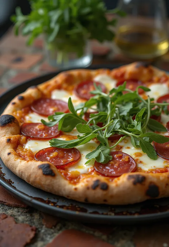 Pizza Diavola s rukolou a pikantnou salámou