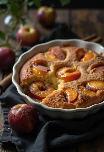 Škoricová slivková torta podávaná s práškovým cukrom a škoricou