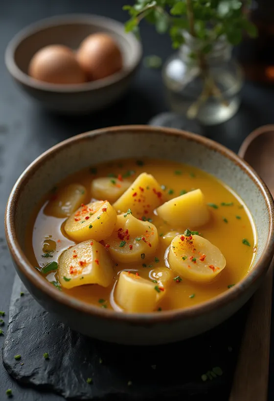 Polievka s opekanými fliačkami, zemiakmi a údenou slaninou