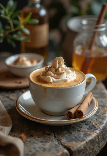 Medovo-škoricové latte, ozdobené šľahačkou a celou škoricou
