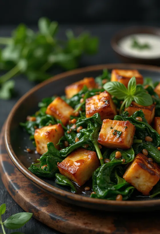 Špenátové tofu kúsky pri servírovaní