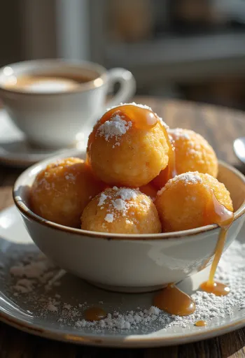 Zeppole s karamelovým krémom, zdobené čerstvou a sladkou šiškou