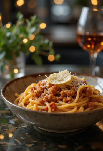Bolonské špagety posypané čerstvou bazalkou a parmezánom