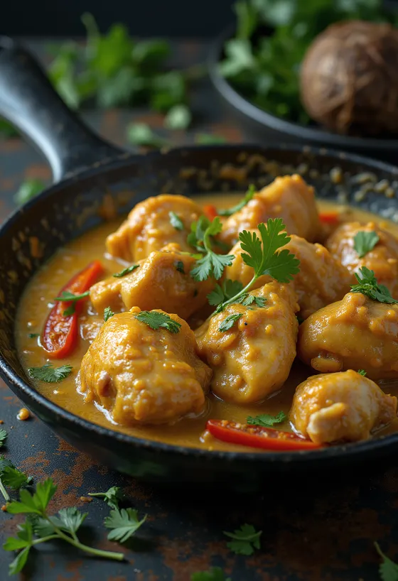 Kuracie Bicol Express, servírované s bohatým kokosovým mliekom a čili papričkami