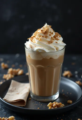 Škoricovo-orechové frappuccino ozdobené šľahačkou a mletými orechmi