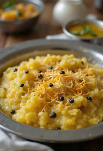 Khichdi pongal, bohaté korenené jedlo s plnou chuťou a textúrou