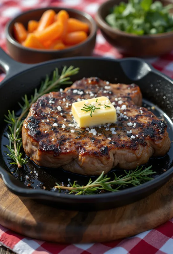 Steak z jaka servírovaný s pečenou zeleninou a čerstvým rozmarínom