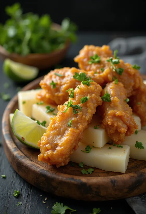 Chicharrón con yuca s chrumkavým bravčovým mäsom a dozlatista opraženou jukou