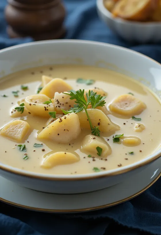 Cullen Skink so smotanou, servírovaná s čerstvou petržlenovou vňaťou