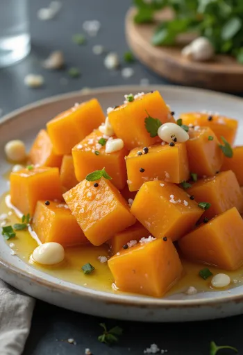 Varené bataty s olivovým olejom, ozdobené čerstvou petržlenovou vňaťou