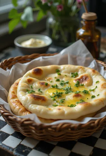 Naan s medvedím cesnakom, ozdobený čerstvým medvedím cesnakom, podávaný teplý