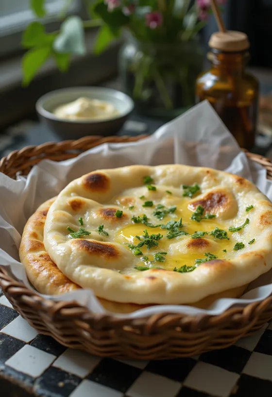 Naan s medvedím cesnakom, ozdobený čerstvým medvedím cesnakom, podávaný teplý