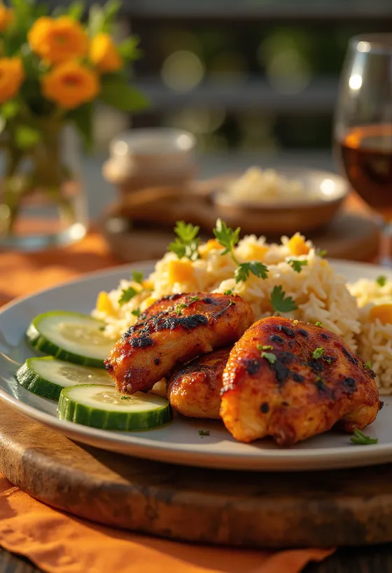 Tandoori kuracia misa s ryžou basmati, uhorkou a ozdobená koriandrom
