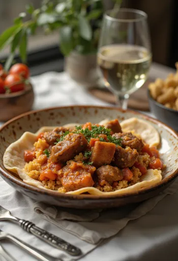 Thareed s hovädzím mäsom, podávaný s kúskami pita chleba a čerstvým koriandrom