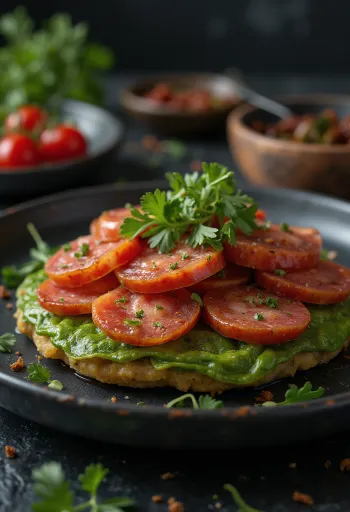 Tostón s chorizom, chrumkavé banánové plátky a kúsky korenistej klobásy