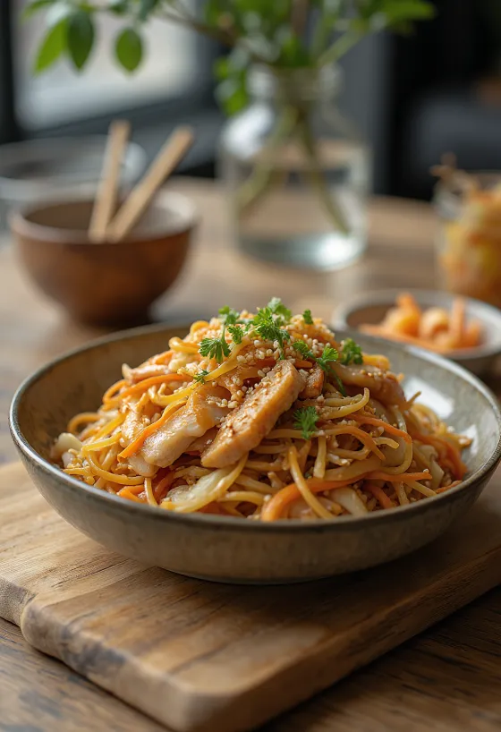 Yakisoba s kuracím mäsom, japonské rezance z woku s chrumkavou zeleninou