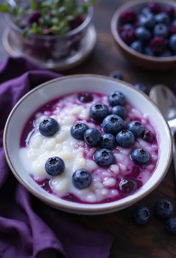 Čučoriedkové Congee, podávané s čerstvými čučoriedkami a smotanou