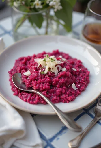 Cviklové rizoto krémovej konzistencie, podávané s čerstvou petržlenovou vňaťou a vegánskym parmezánom