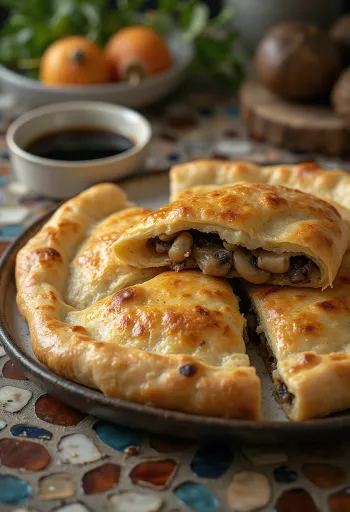 Čerstvo upečené calzone s lesnými hubami