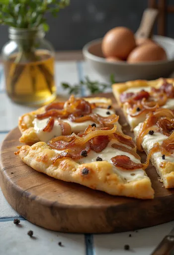 Flammkuchen s kyslou smotanou, cibuľou a slaninou