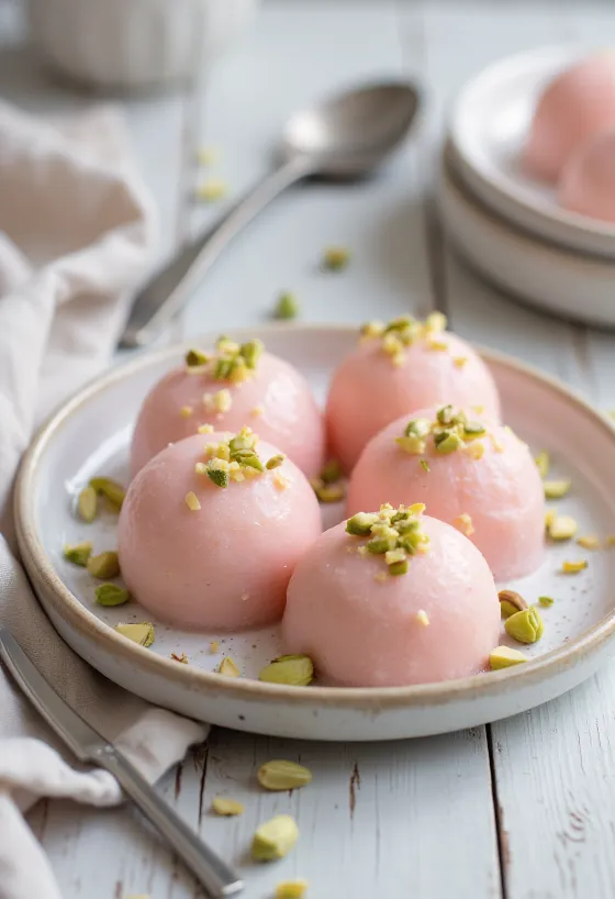 Ružové Kulfi zdobené pistáciami a lupeňmi ruží
