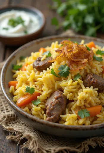 Zeleninové biryani s jahňacinou, bohatá korenená ryža a krehké jahňacie mäso