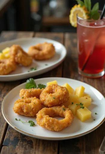 Acarajé s ananásom, podávané s korenistými fazuľovými guľkami a čerstvým ananásom