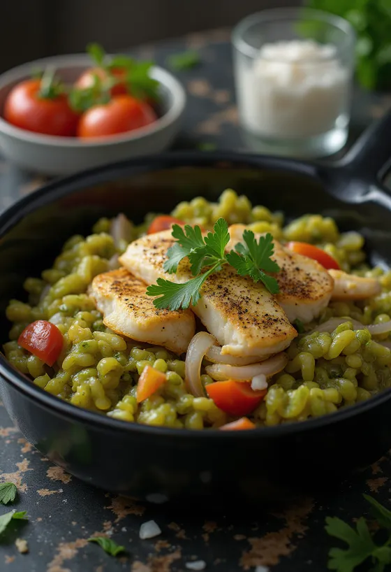 Callaloo so solenou rybou, ozdobené čerstvým koriandrom
