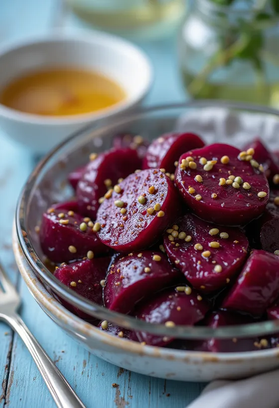 cviklový šalát podávaný s čerstvou zeleninou a balzamikovým dresingom