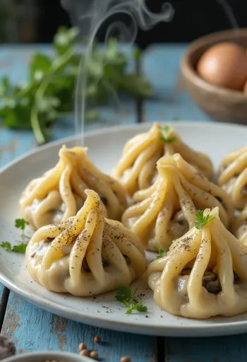 Vegánske Khinkali so zeleninovou plnkou a pekným tvarovaným cestom