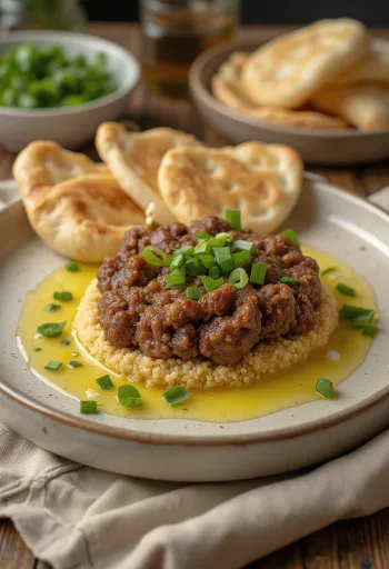 Kibbeh Nayyeh podávané s čerstvým pita chlebom a zrnkami granátového jablka
