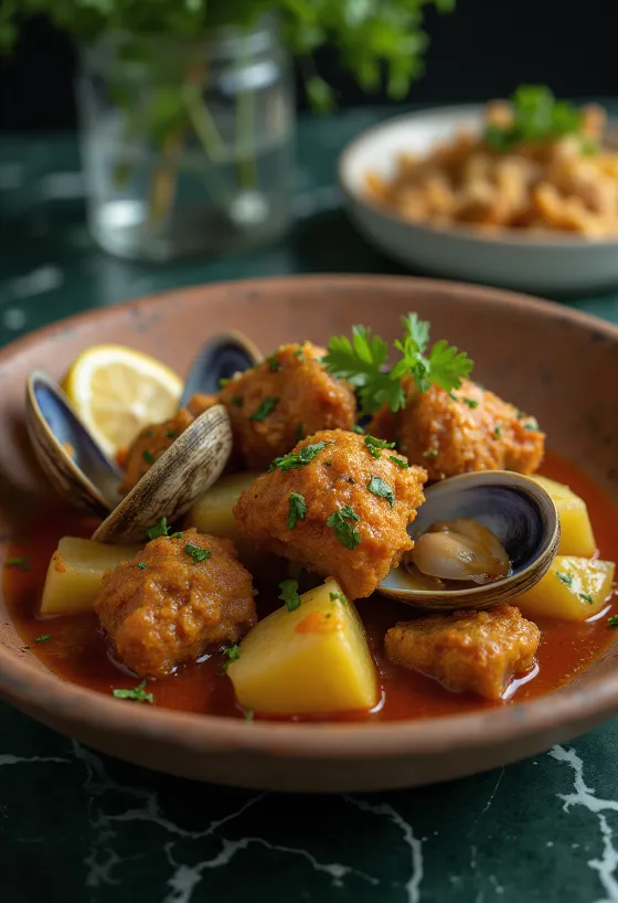 Carne de porco à Alentejana portugalské jedlo servírované