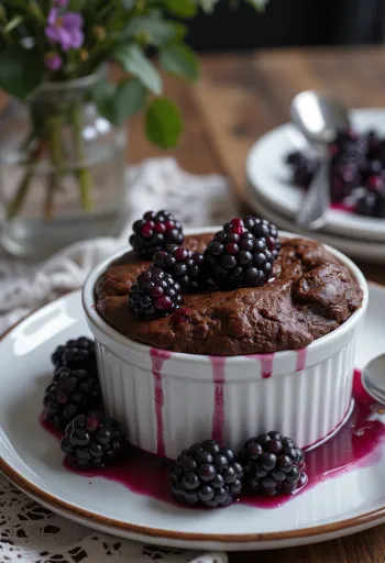Čokoládové suflé s čiernymi ríbezľami pripravené na podávanie