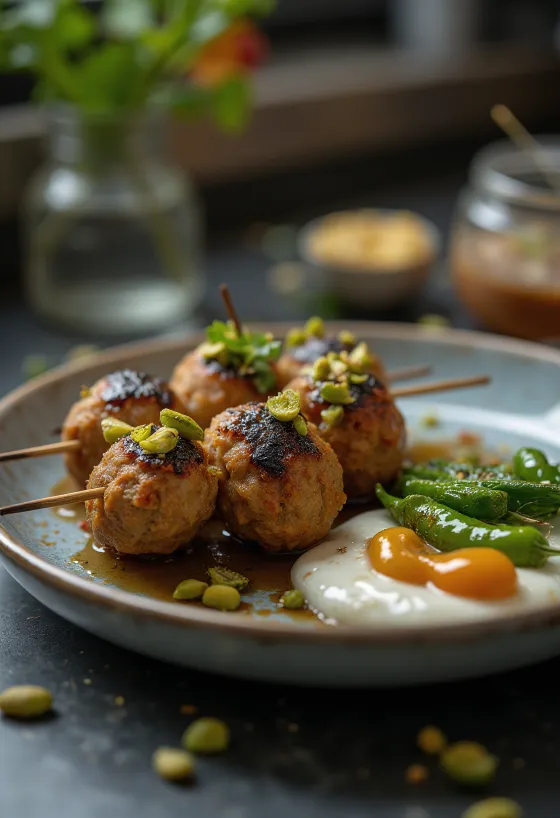 Fıstıklı Kebab s grilovaným jahňacím mäsom s pistáciami a pita chlebom