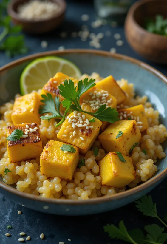 Cesnakové quinoa karí s tofu