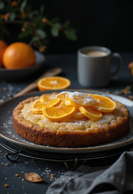 Korenená pomarančová torta podávaná s práškovým cukrom a pomarančovou kôrou