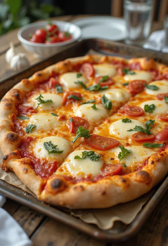 Grandma pizza s podlhovastým cestom a syrom