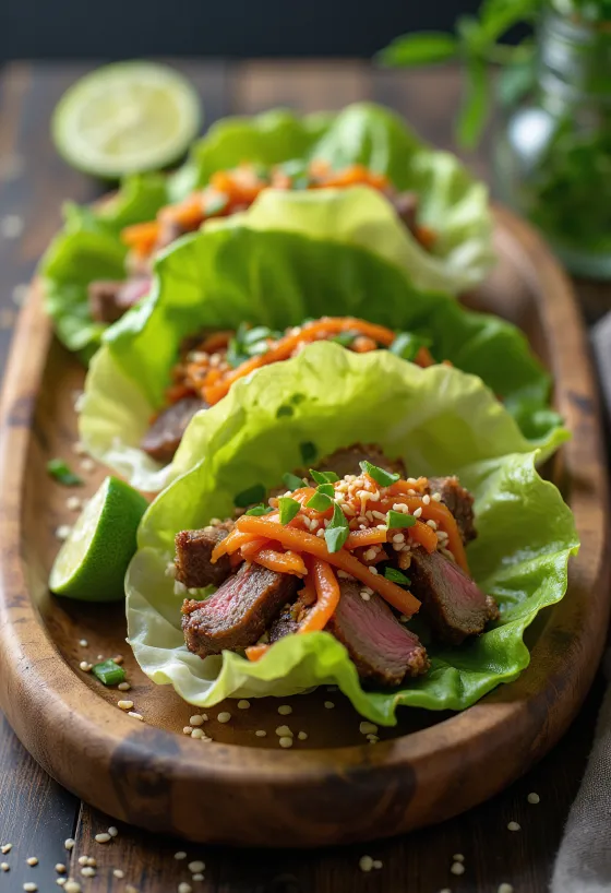 Kimchi ssam, rolky v šalátových listoch s kimchi, pečeným hovädzím mäsom a čerstvým koriandrom