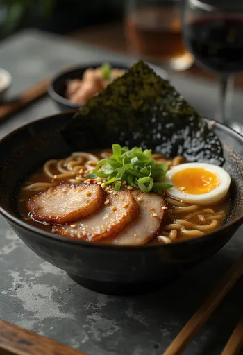 Tokushima ramen s hustým sójovým bravčovým vývarom, vajcom a restovaným mäsom