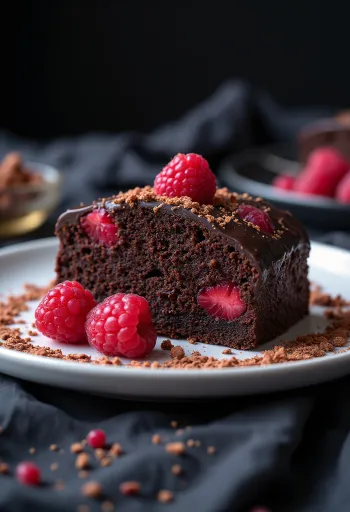 Vegánska čokoládovo-malinová torta ozdobená čerstvými malinami a strúhanou čokoládou